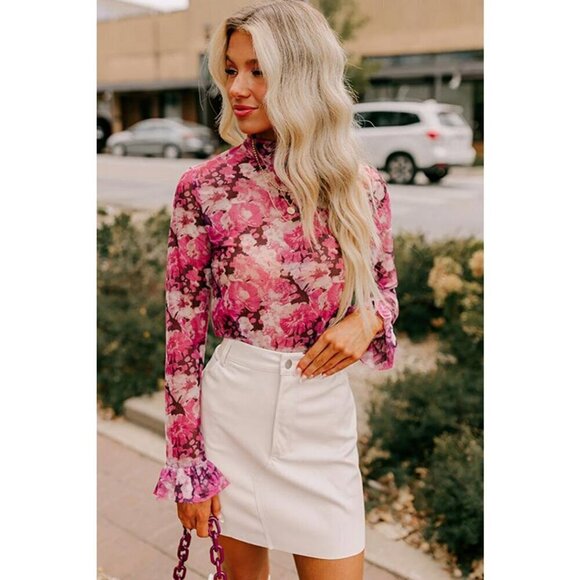 NWT FLORA Pink Floral Print Sheer Mesh Longsleeve - Picture 3 of 12